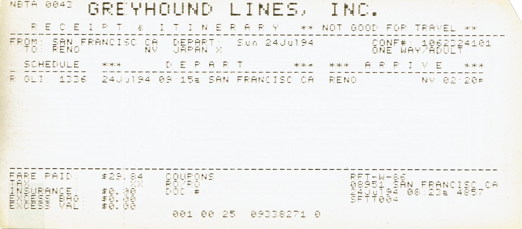 1994年7月24日 サンフランシスコからリノへのGreyhound乗車券