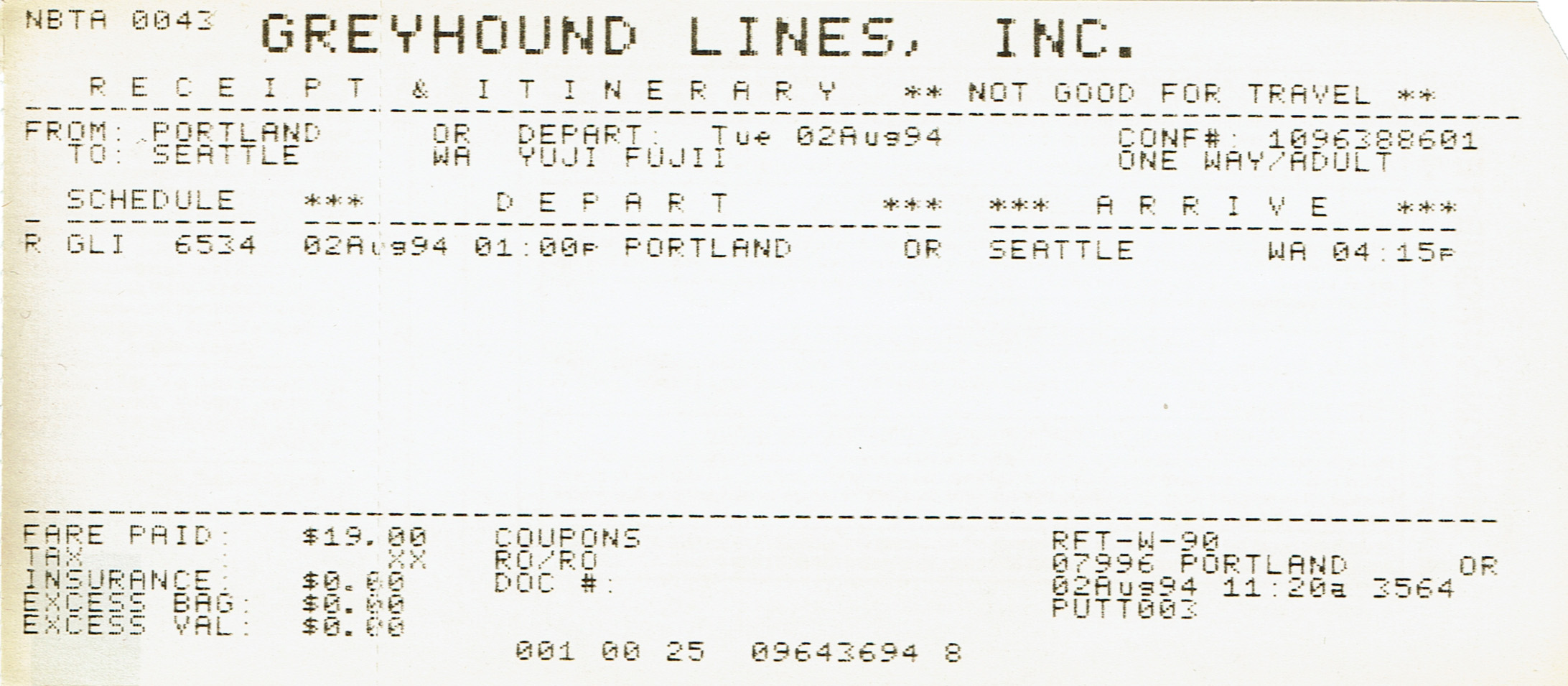 1994年8月2日 ポートランドからシアトルへのGreyhound乗車券