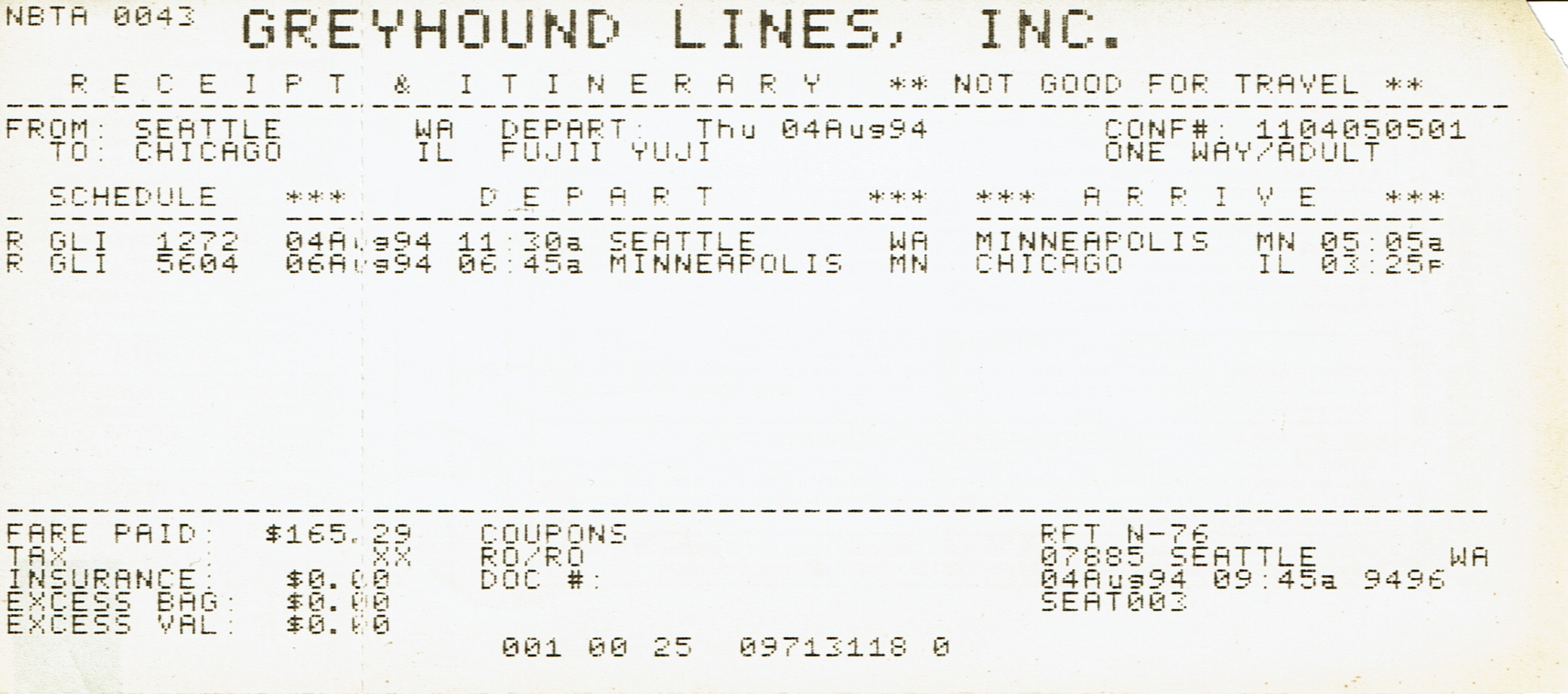 1994年8月4日 シアトルからシカゴへのGreyhound乗車券