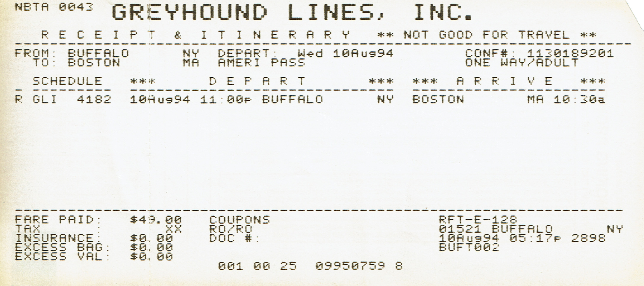 1994年8月10日 バッファローからボストンへのGreyhound乗車券
