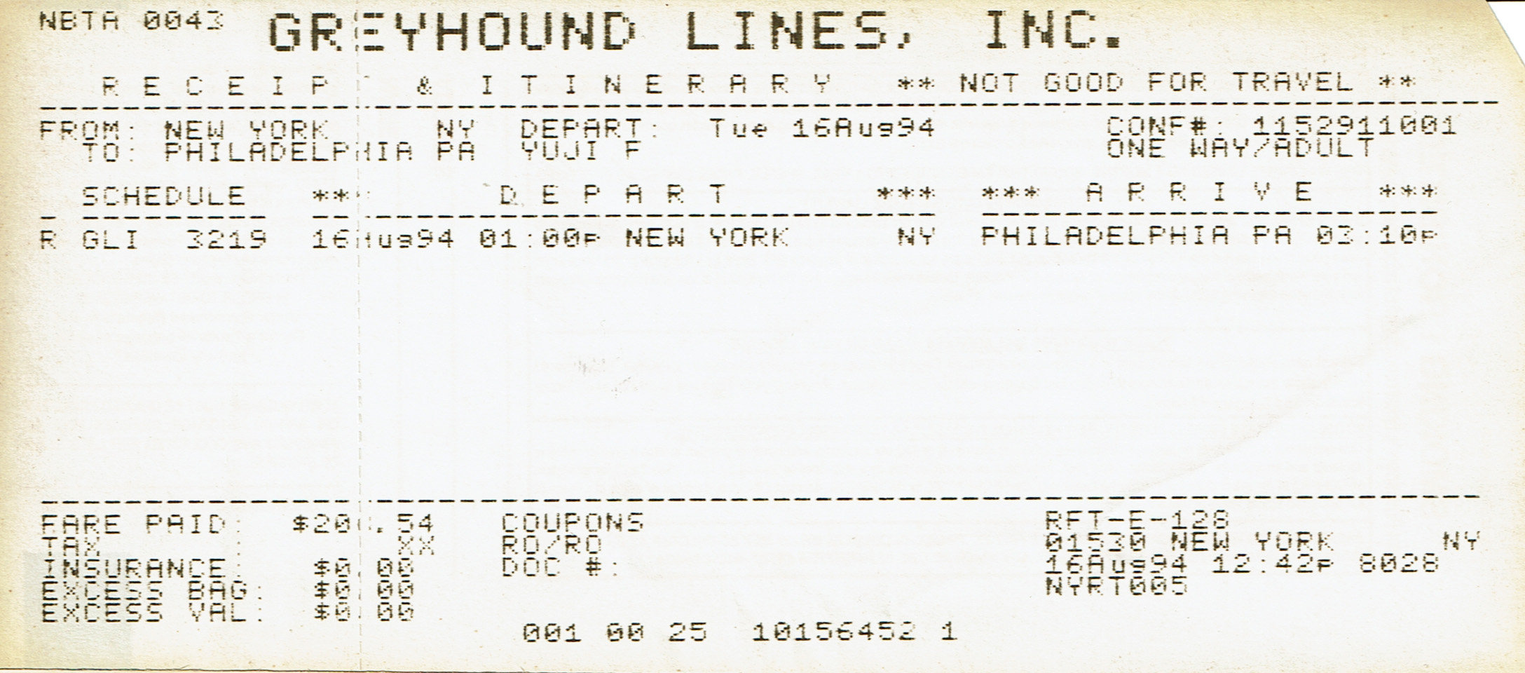 1994年8月16日 ニューヨークからフィラデルフィアへのGreyhound乗車券