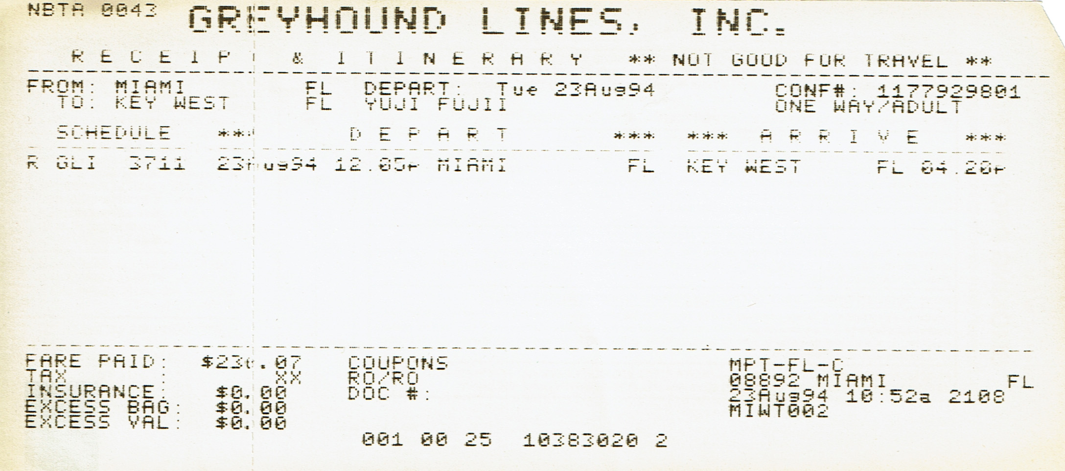 1994年8月23日 マイアミからキーウェストへのGreyhound乗車券