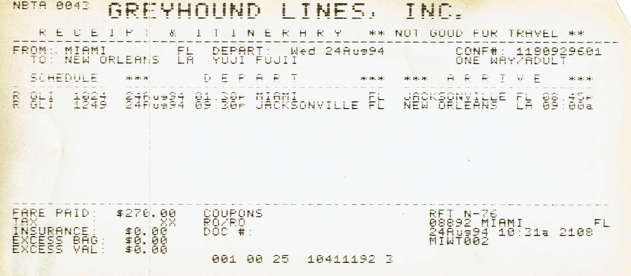 1994年8月24日 マイアミからニューオーリンズへのGreyhound乗車券